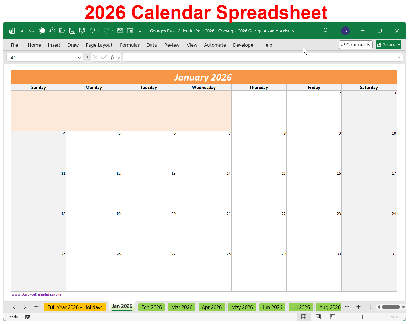 2026 Calendar Template Spreadsheet
