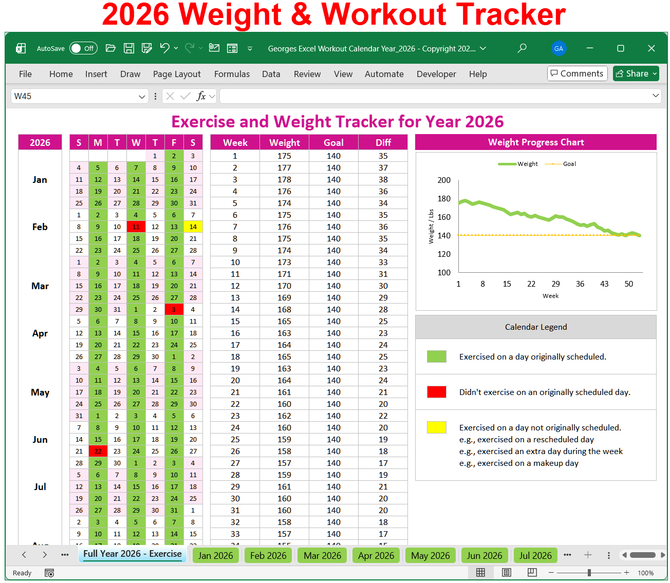 2026 Weight And Workout Tracker Spreadsheet