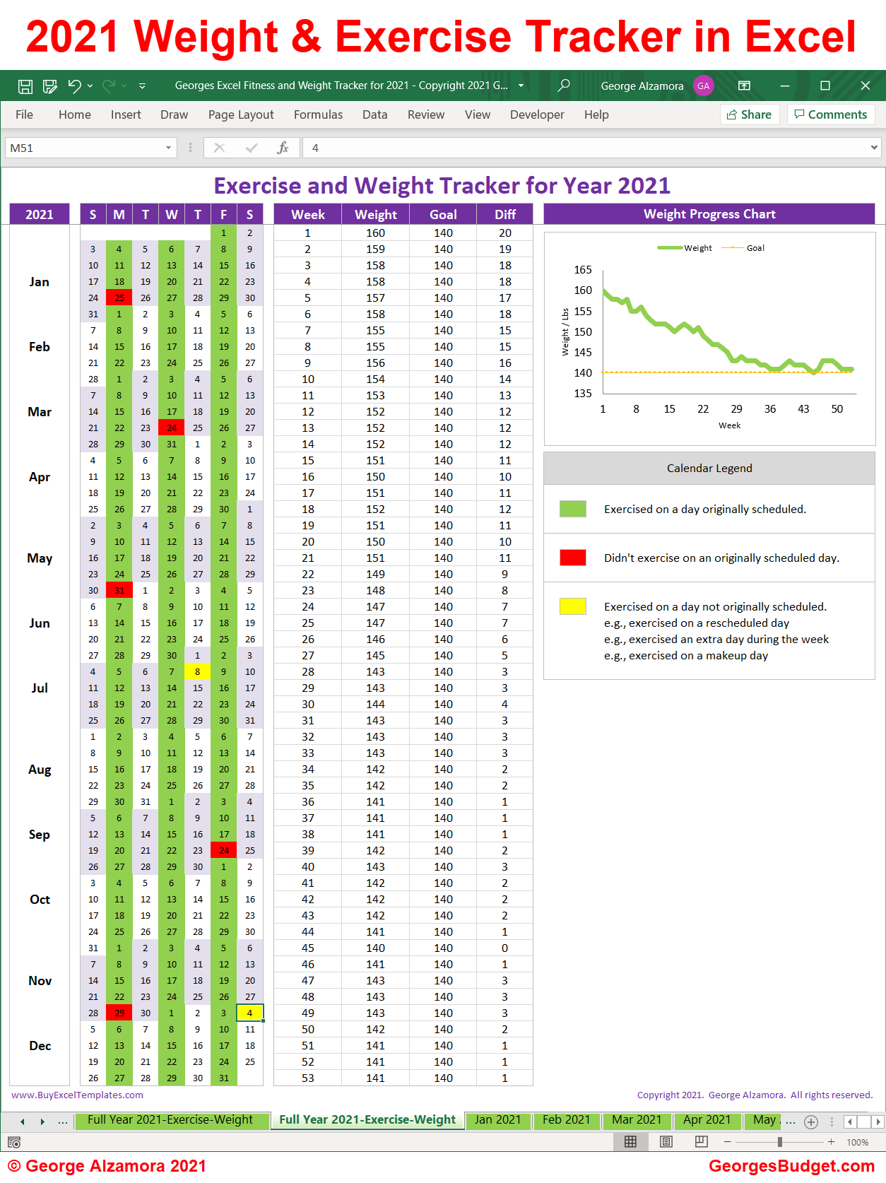 2021 Fitness Weight Loss Tracker Spreadsheet