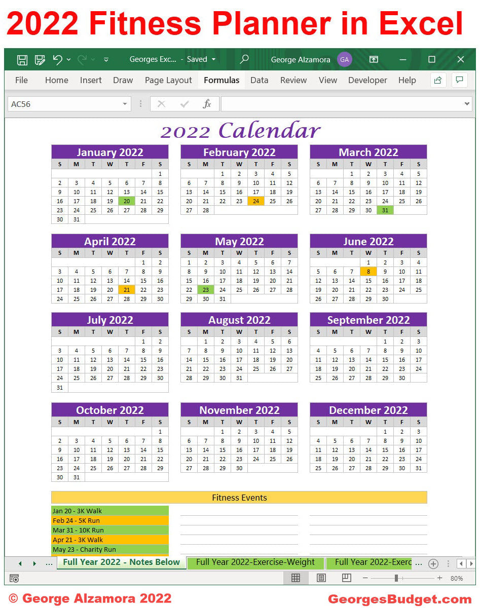 2022 fitness planner full year on one page printable Excel