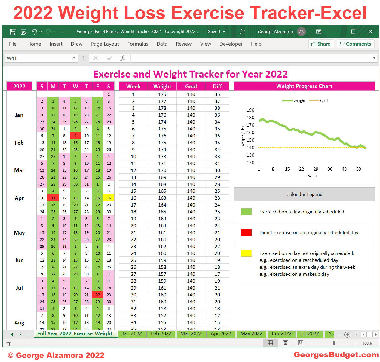 2022 weight tracker exercise planner spreadsheet