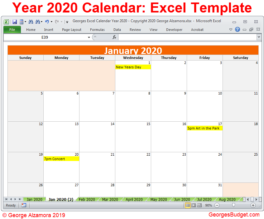 Calendar Year 2020 Excel Template