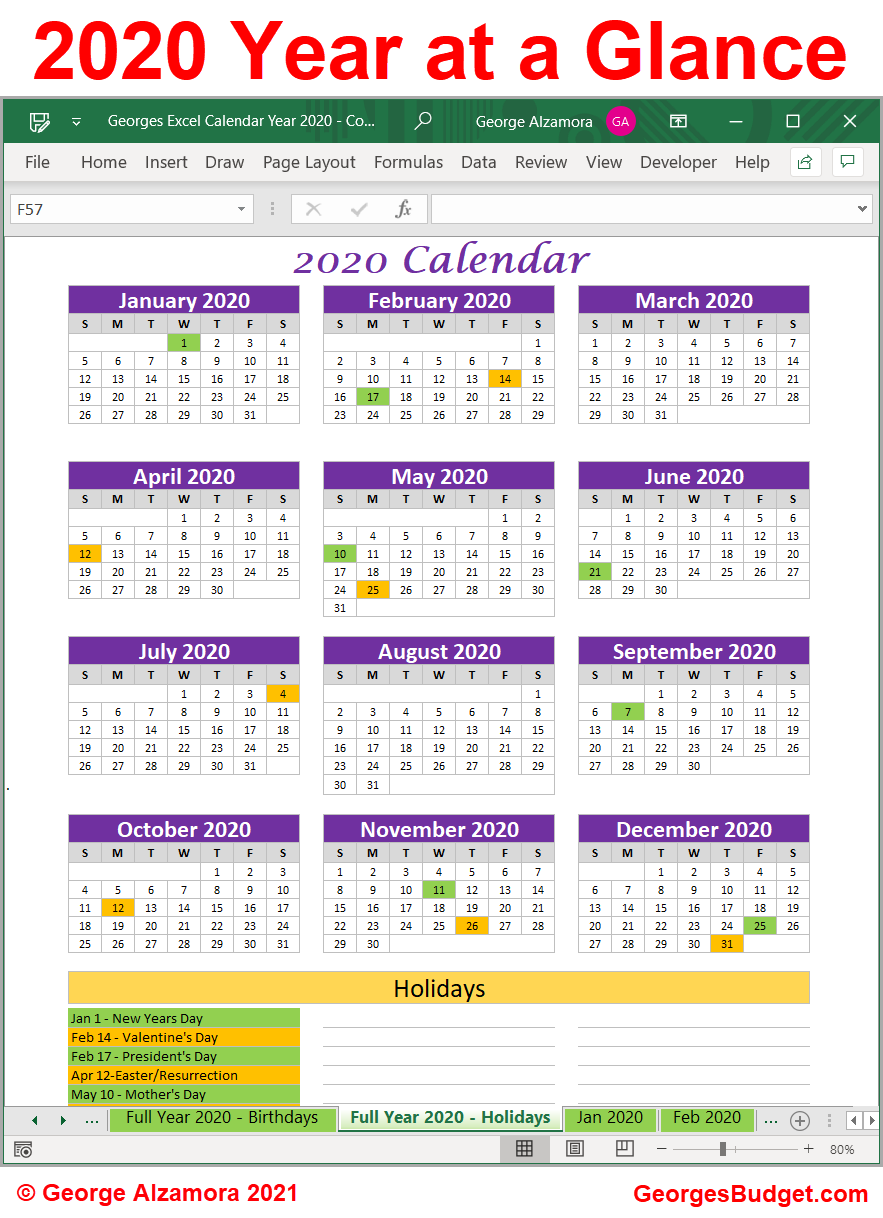 Year at a Glance 2020 Spreadsheet Template